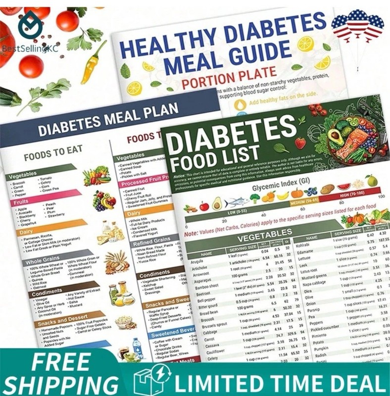 3PCS Diabetes Food List Chart and Meal Planner for Diabetics Type 3 Diabetes Die