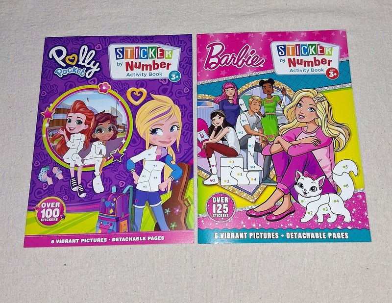 2 Sticker By Number Activity Books, 1 Polly Pocket/1 Barbie, 100+ Stickers Each