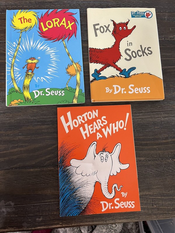 Lot Of 3 Large Dr. Seuss Books 11” X 8” 1 Paperback 2 Hardcover Fox In Socks