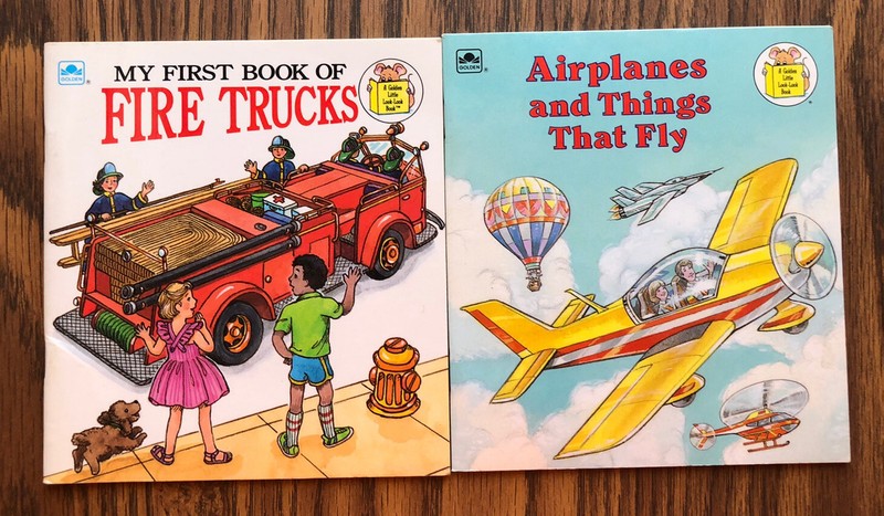 2 Vintage Little Golden Look Look Books 1990 Fire Trucks 1989 Airplanes Vehicle