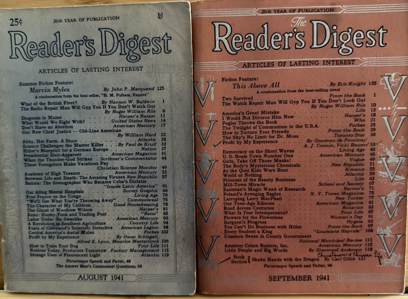 1941 August September READER’S DIGEST MAGAZINE Vintage History Short Stories