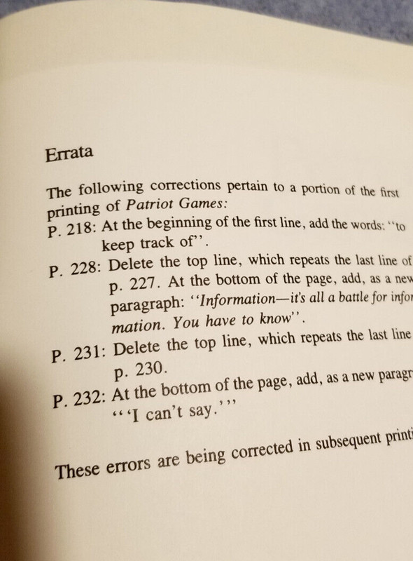 1st EDITION 1st PRINTING Patriot Games Tom Clancy 1987 HCDJ w ERRATA errors gallery