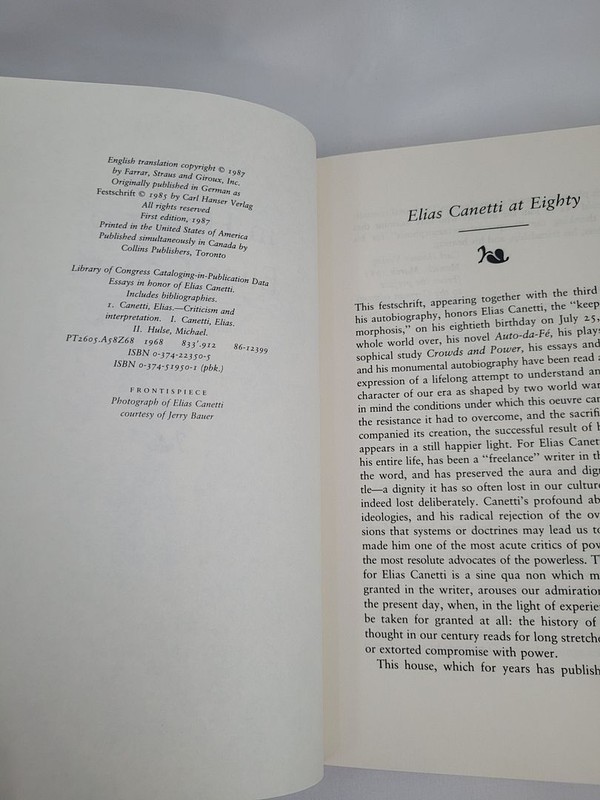 Essays in Honor of Elias Canett; Hulse; First U.S. Edition gallery