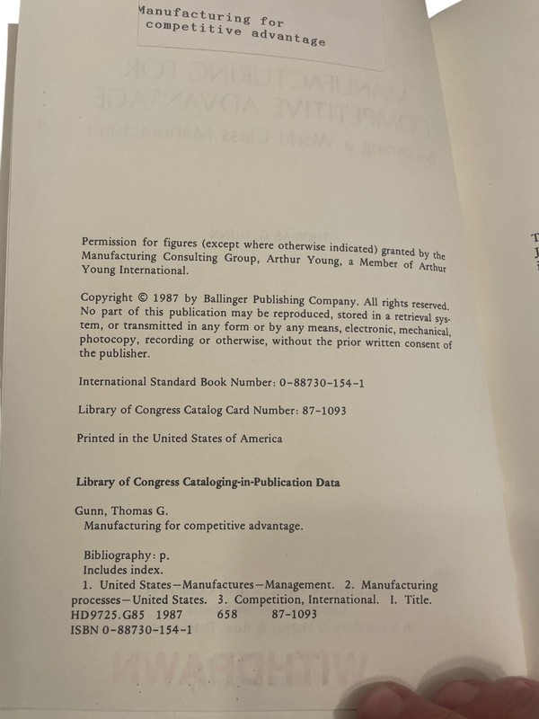 Manufacturing for Competitive Advantage Thomas G. Gunn 1987 Ballinger gallery