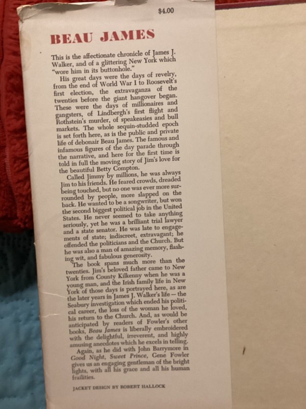 BEAU JAMES-LIFE AND TIMES OF JIMMY WALKER by GENE FOWLER, 1949 HC/DH, NY MAYOR gallery