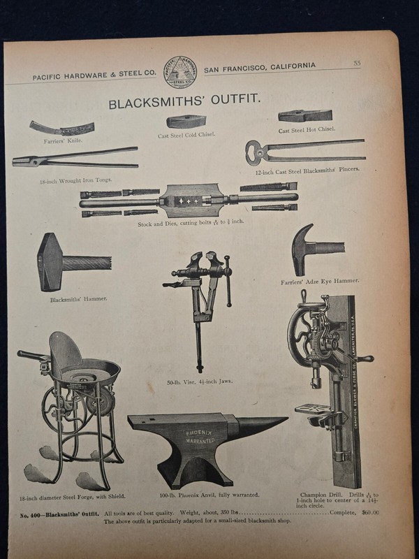PACIFIC HARDWARE AND STEEL CO Catalog Blacksmith Outfit, Tire Upsetter 1890s
