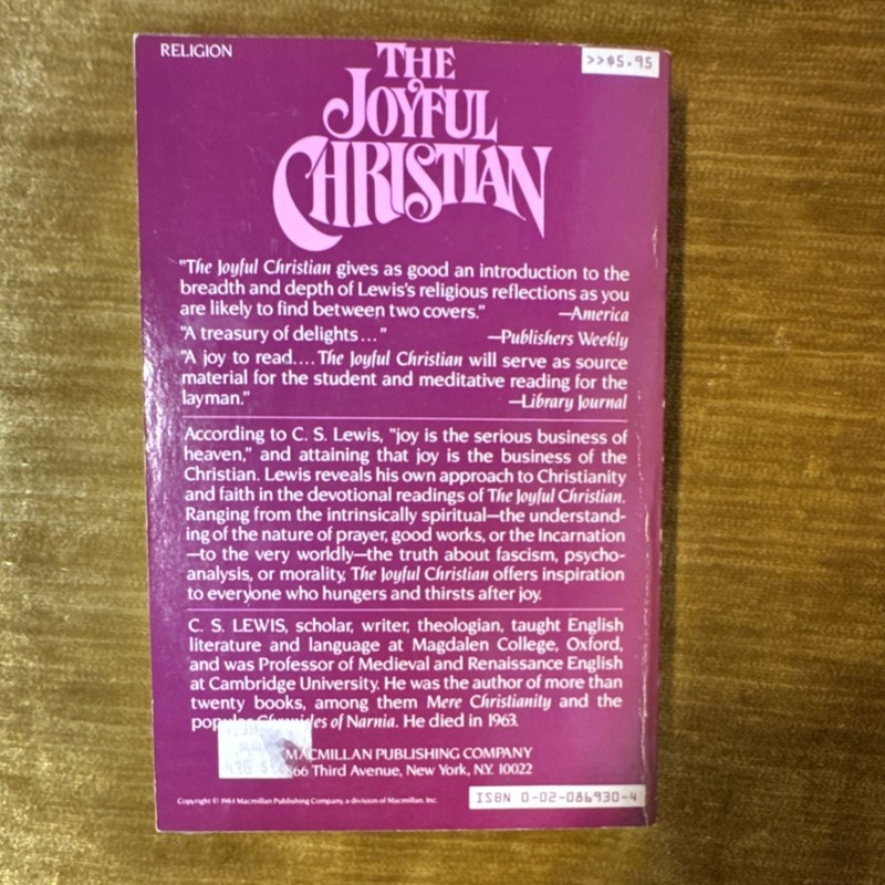 C. S. Lewis The Joyful Christian Paperback Macmillan 1977 Religion Christianity
