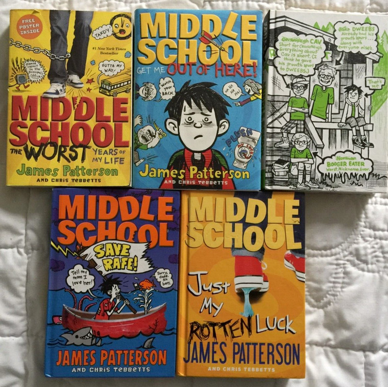 Books 1, 2, 4, 6 & 7 in Middle School series by James Patterson – FREE SHIPPING!
