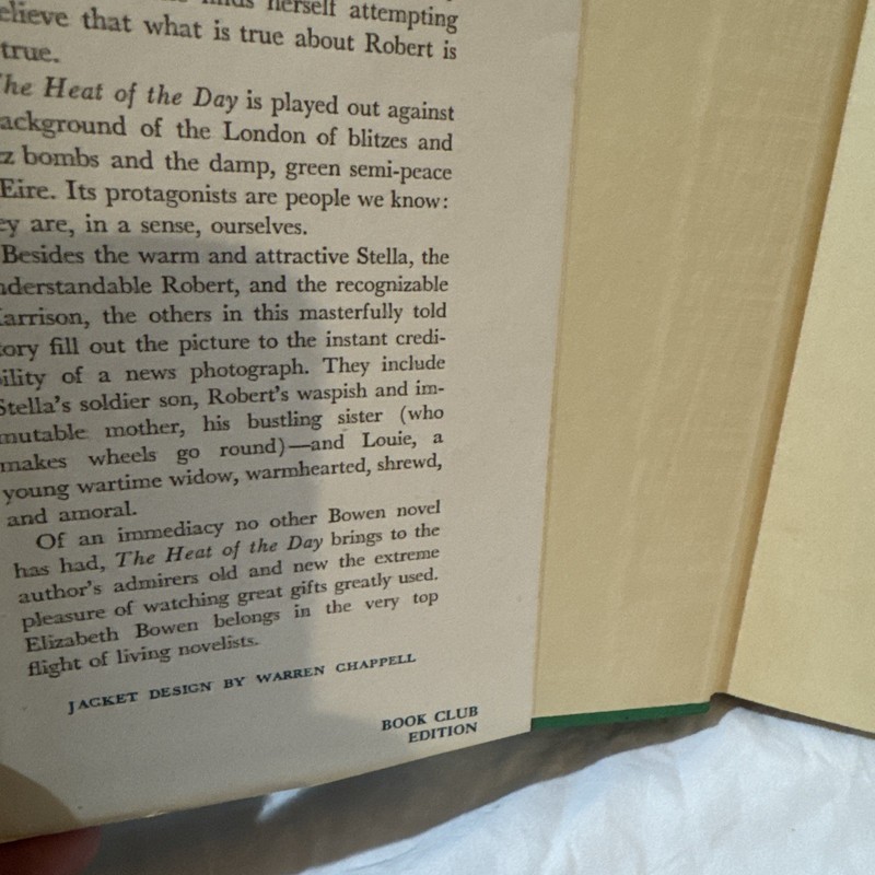 THE HEAT OF THE DAY. Vintage 1949 HC w/ DJ. Elizabeth Bowen. Book Club Edition. gallery